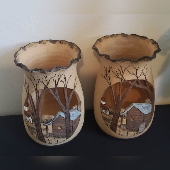 Barbara Bates Sgraffito Stoneware Candle Holder, set of 2 - Picture 3 of 7